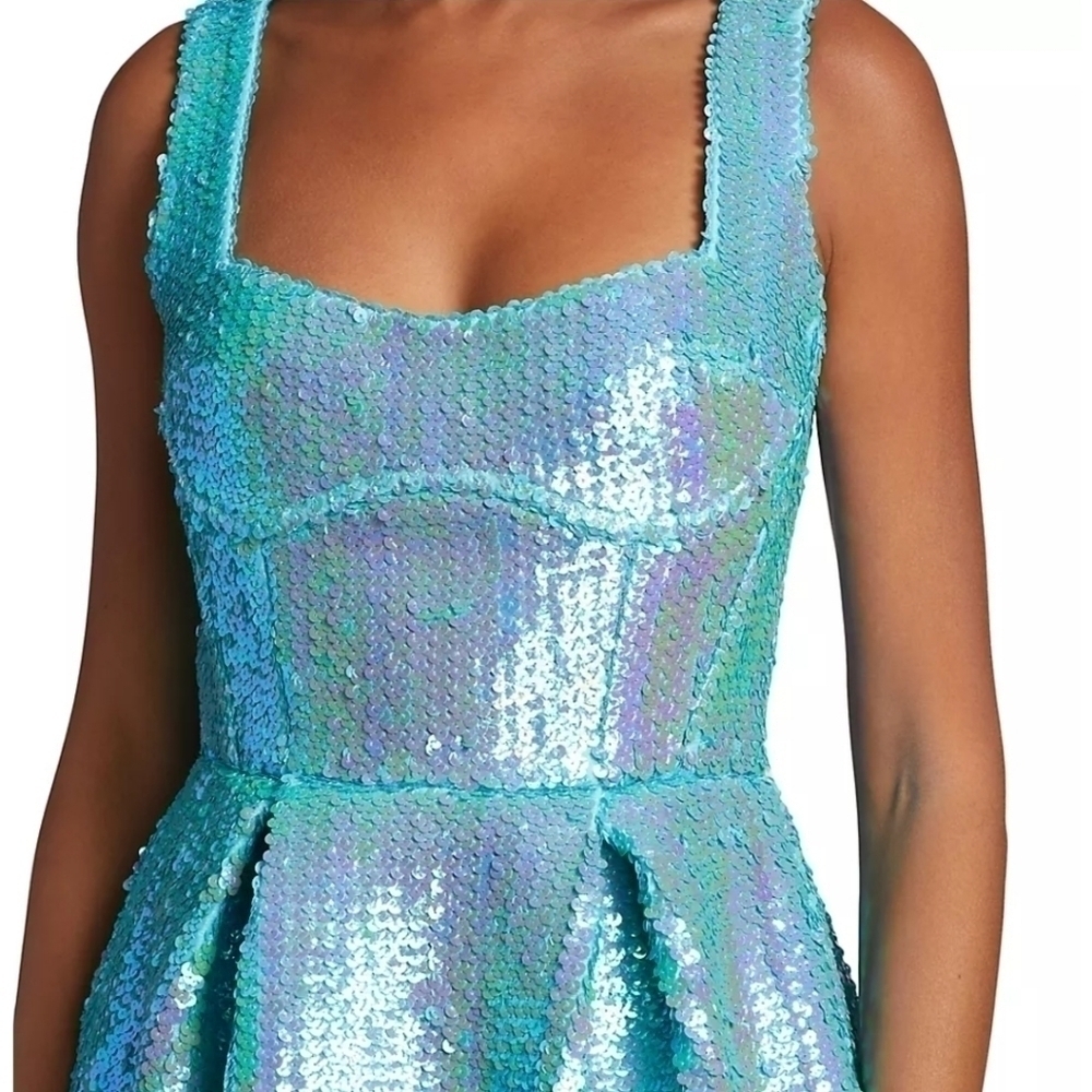 New Bronx And Banco Pleated Sequin Sweetheart Turquoise Midi Dress Large/8 US - Picture 7 of 15
